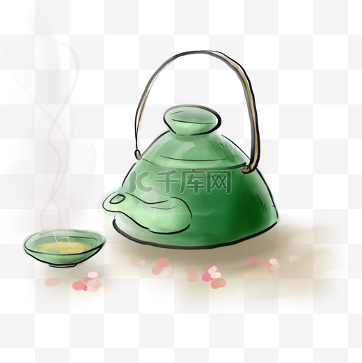 中国风花瓣和绿色茶壶图片