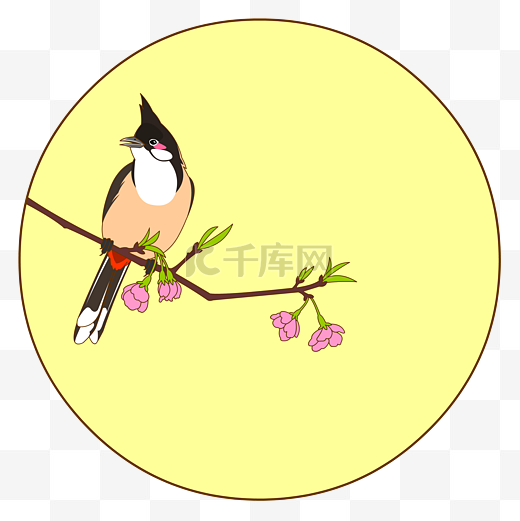 中国风花鸟圆形边框红耳鹎矢量免抠图图片
