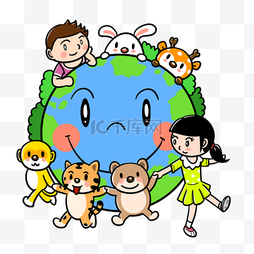 卡通世界地球日和小动物保护地球png透明底图片