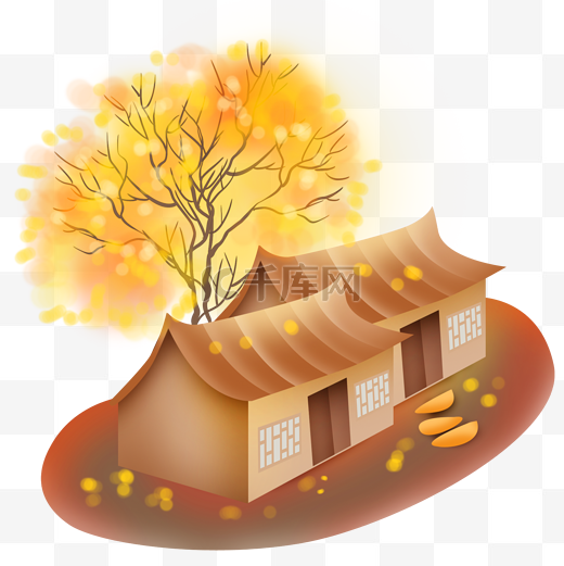 秋天树木和古房子图片