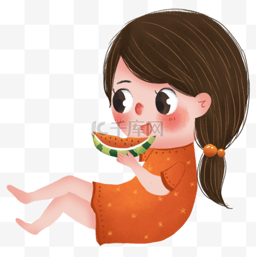 手绘卡通吃西瓜的女孩免扣元素图片