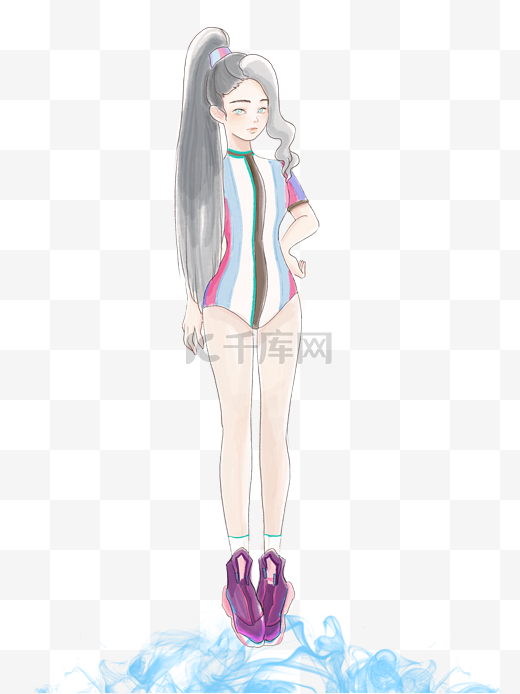 可爱水彩少女条纹泳衣黑长直马尾图片