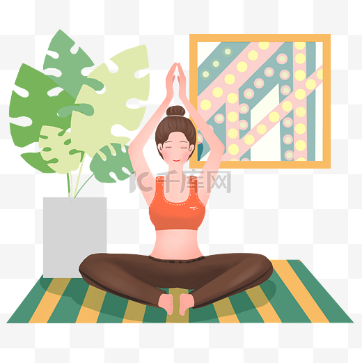 室内练瑜伽的女孩插画图片