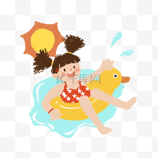 夏天卡通手绘可爱女孩海边休闲玩水游泳图片