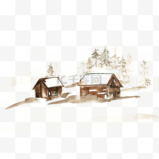 水彩画冬季风景大雪覆盖的木屋图片