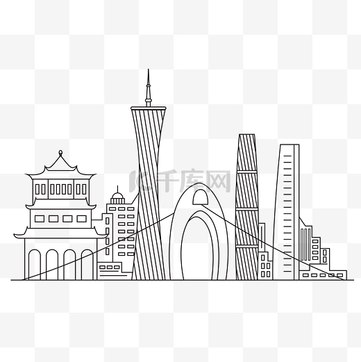 手绘广州城市建筑线稿图片