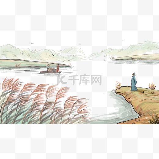 寒露主题之水墨画风风景芦苇图片