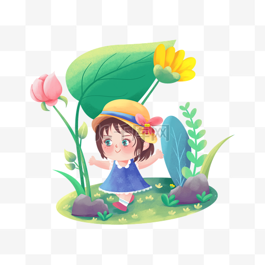 惊蛰春分节气手绘花卉卡通可爱春季春天小女孩植物图片