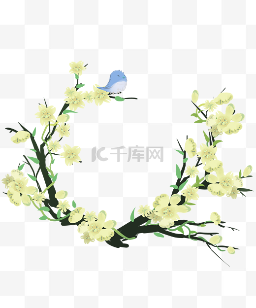 春天迎春花嫩黄鹅黄翠鸟装饰花枝PNG图片