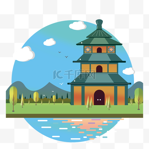 中国风建筑装饰节气山水塔PNG风景图片