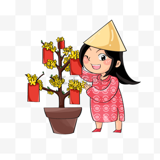 越南新年迎春花旁的小女孩图片