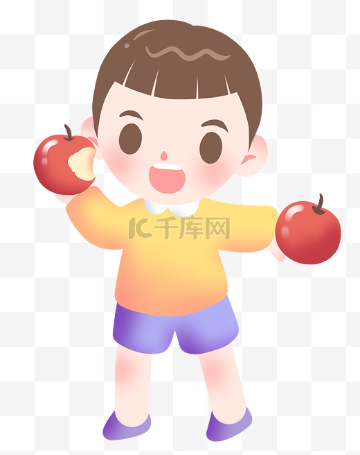 吃苹果的小男孩插画图片