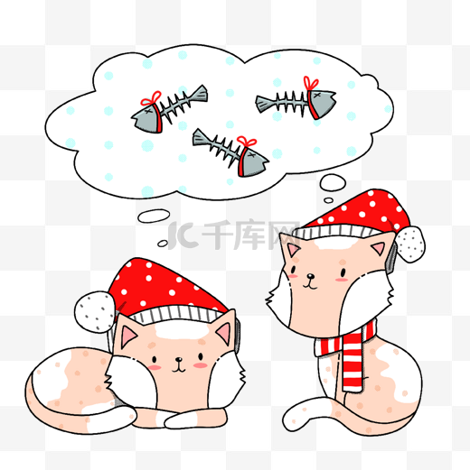 手绘线性卡通小猫圣诞帽图片