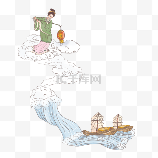 手绘中国古代神话传说海神妈祖佑助收艇图片