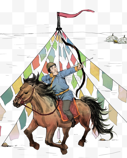 少数民族骑马射箭蒙古包水彩水墨中国风图片
