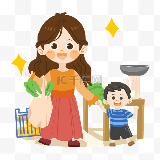 卡通母亲和孩子大手拉小手买菜PNG素材图片