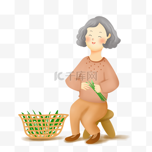 坐着择菜的奶奶形象图片