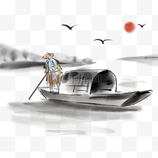 中国风水墨画船夫和船图片