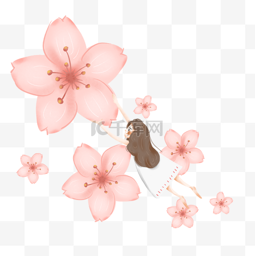 简约女孩和樱花插画海报免抠元素图片