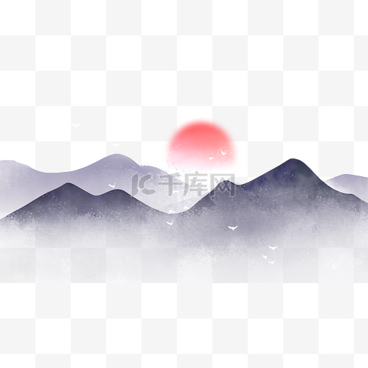 紫色中国风水墨山红日图片