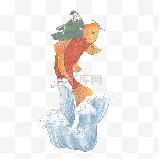 手绘中国古代神话传说琴高控鲤升天图片