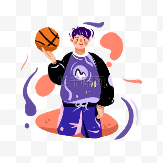 即将上场打篮球的男孩手绘插画png免抠素材图片