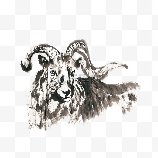 卧着的山羊水墨画PNG免抠素材图片