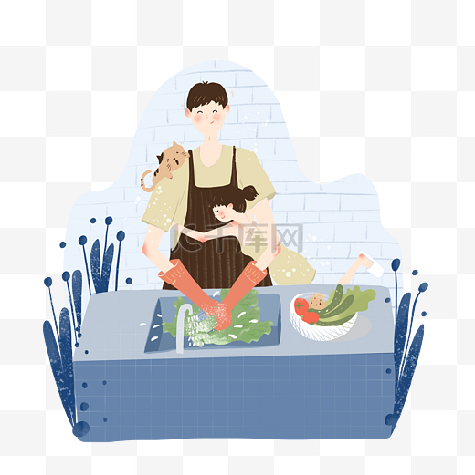 七夕节人物蓝色系情侣厨房洗菜拥抱手绘图片