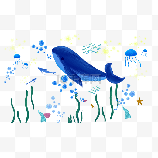 海底世界深蓝色鲸鱼水母海草图片