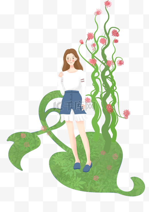 春游站在绿叶上的女孩插画图片