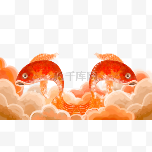 手绘卡通云里的红色鲤鱼免扣元素图片