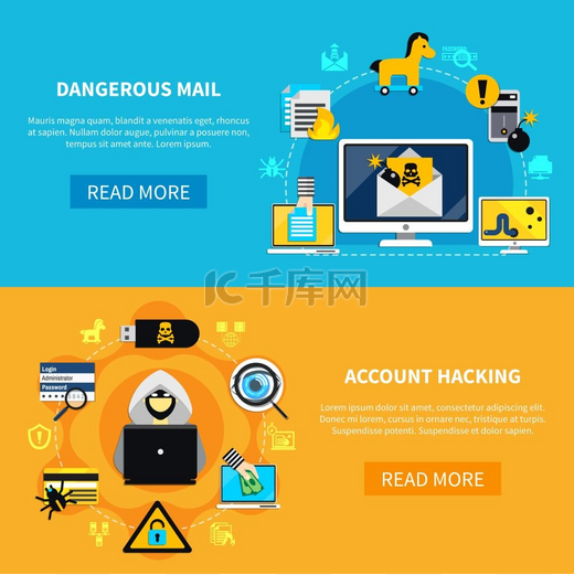 危险的邮件和帐户黑客攻击平面横幅。图片