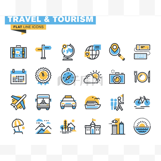 平线图标设置的旅行和旅游标志和对象、 假期旅行计划、 在线旅游服务、 旅游组织、 航空旅行邮轮，夏天和冬天的假期，游览.图片