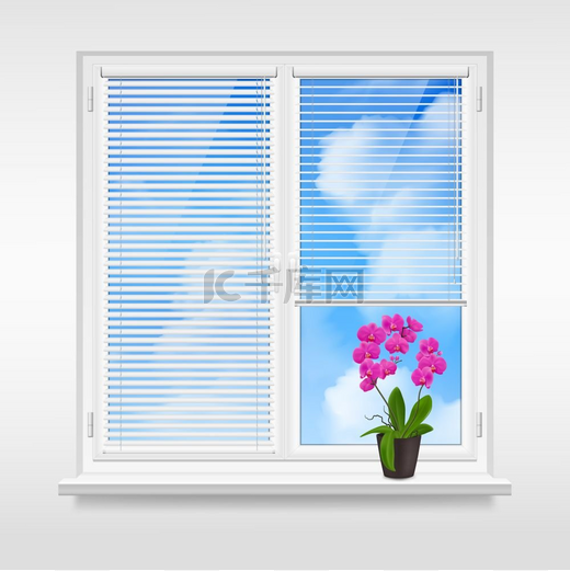 家居窗户设计理念带有水平百叶窗和紫色花朵的家庭窗户设计理念在蓝天背景矢量图的窗台上图片