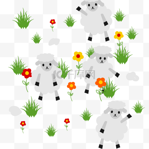 无缝的样式逗人喜爱的绵羊吃草和花图片
