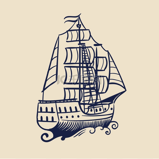 帆船草图复古的中世纪海盗逃跑的船和波浪航海旅行矢量漂浮风暴海概念帆船草图复古中世纪海盗逃跑船只和波浪航海旅行矢量漂浮海洋概念图片