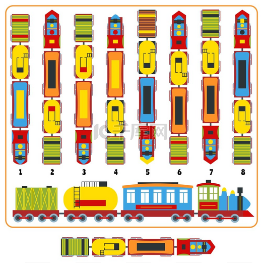 训练逻辑游戏找到带货车的机车列车的正确俯视图版本三维拼图测试矢量图色彩鲜艳的交通工具可打印的活动工作表训练逻辑游戏查找机车列车的正确俯视图版本图片