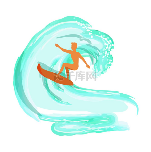 男子在浅棕色冲浪板上冲浪大蓝色海浪卡通风格标志孤立的白色矢量插图。图片
