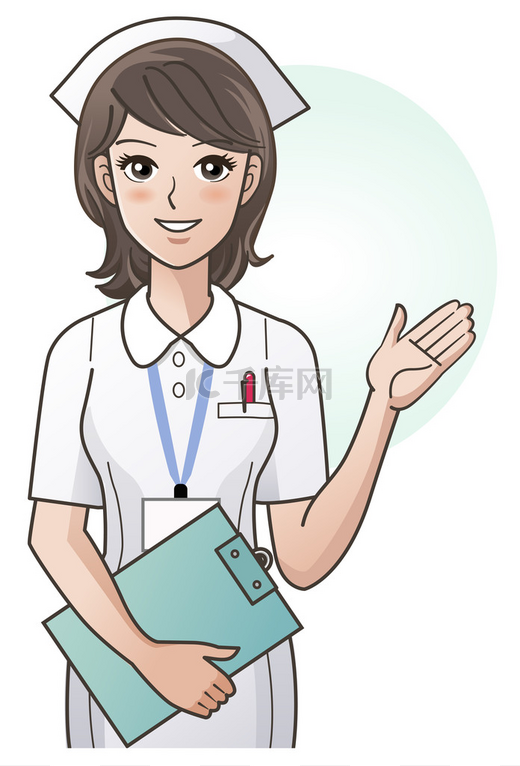 年轻漂亮的护士提供信息、 指导。卡通护士。医院.图片