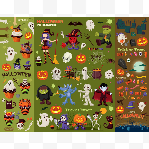 老式的万圣节海报设计设置与矢量吸血鬼、 巫婆、 木乃伊，狼人，鬼，收割者，海盗字符.图片