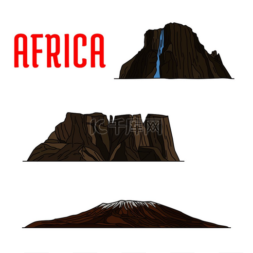 非洲旅游地标细线图标著名的非洲自然地标包括乞力马扎罗山德拉肯斯堡或龙山脉的线性基博峰和图盖拉瀑布非洲标志性的自然旅游地标细线图片