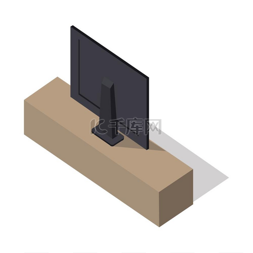 等轴测宽屏电视在支架上棕色支架上的等角宽屏幕电视液晶电视显示器背面视图平面中具有阴影的等轴测房间内部元素智能电视实物模型电视等离子电视家居室内家具元素图片