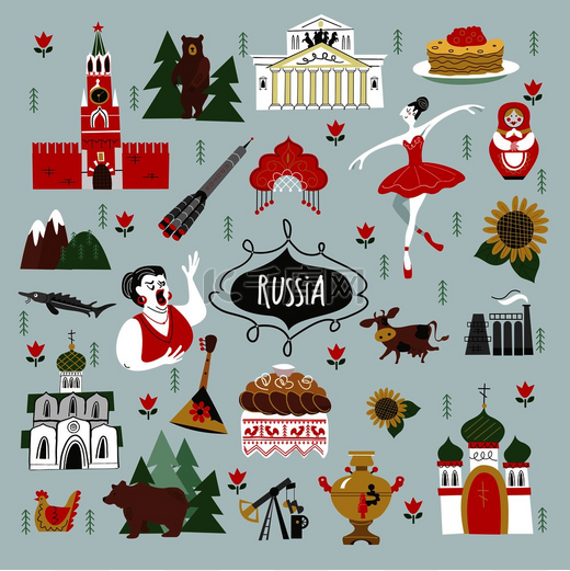 俄罗斯联邦向量元素的集合俄罗斯的风景传统文化艺术俄罗斯的象征手绘插图俄罗斯联邦俄罗斯的风景和国家的象征矢量插图用于创建您的设计的一组元素图片