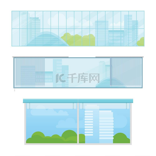 平面样式的窗口矢量插图集不同类型和形式的房屋窗户从办公室或公寓的全景窗户可以看到城市景观在白色背景下隔离平面样式的矢量插图集矢量集图片