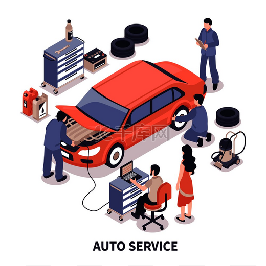 汽车服务中心工作人员在白色背景 3d 等距矢量图上修理汽车和更换轮胎。图片