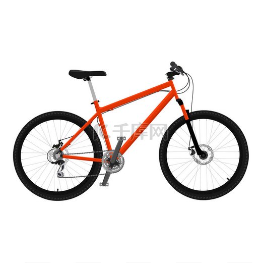 橘色山地自行车，有厚厚的越野轮胎。在白色背景下孤立的自行车运动交通概念。B.病媒图片