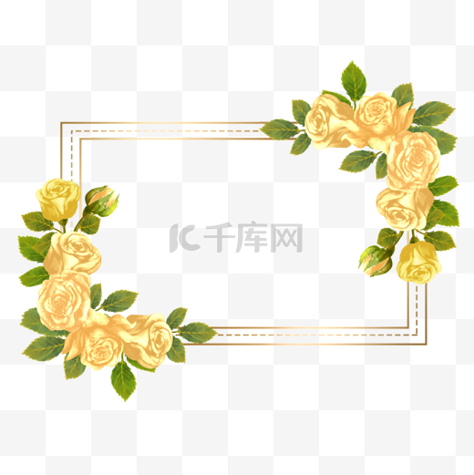 水彩婚礼黄色玫瑰花卉长方形边框图片