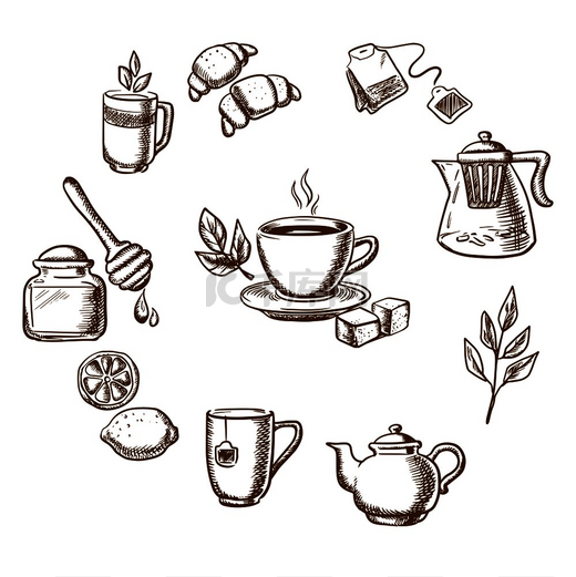 凉茶、甜点和面包店素描图标，茶托上放着一杯热茶，薄荷叶、糖、柠檬和羊角面包环绕着茶壶和杯子、带勺子的蜂蜜罐、茶包、茶叶和生姜。图片