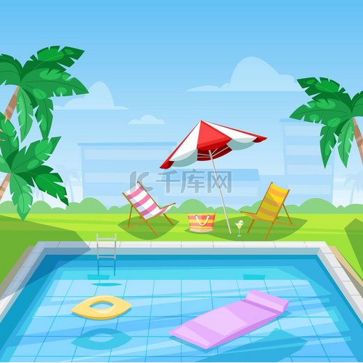 宾馆游泳池,有躺椅和阳伞.矢量图解。暑假旅行，度假和放松的概念。热带旅游胜地背景.图片