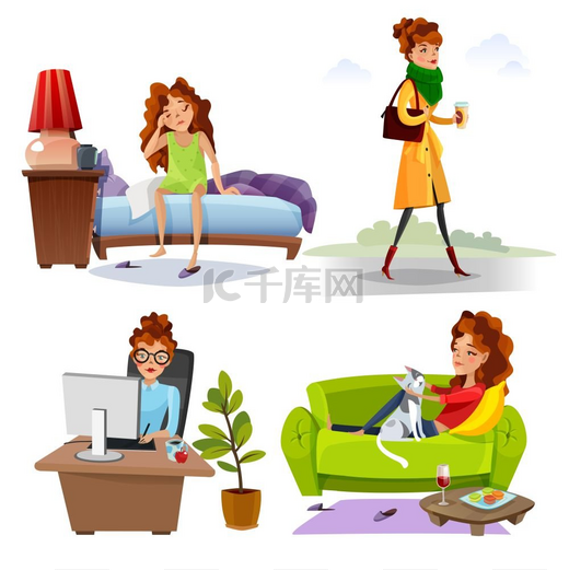 职场女性日常平面图标职场女性从起床开始的日常活动4个卡通风格的图标方形漫画孤立的矢量插图图片